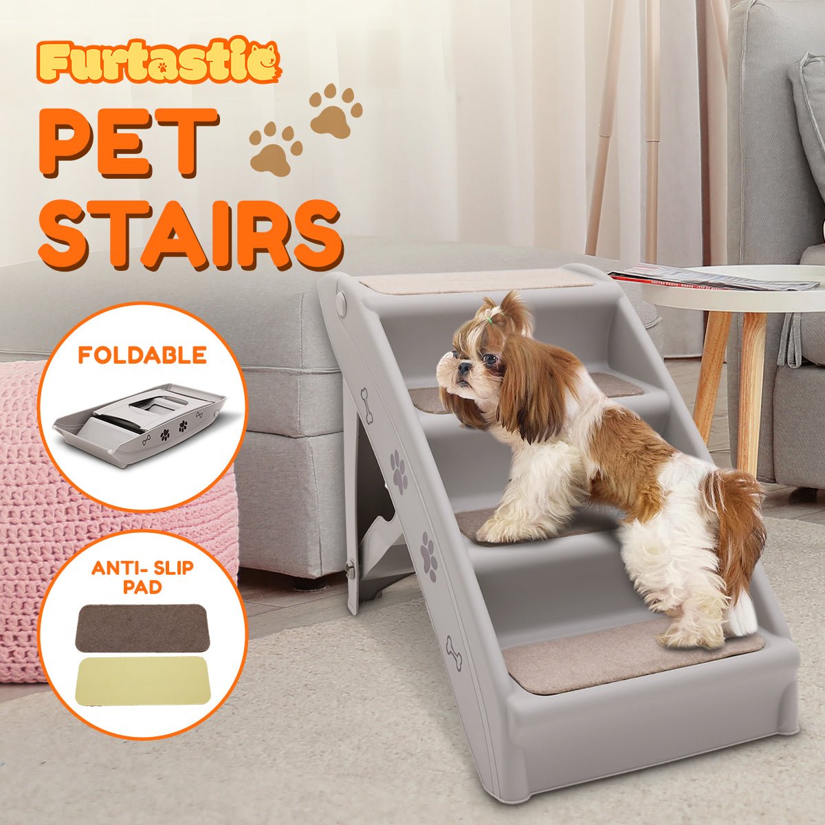 Furtastic Foldable Pet Stairs in Grey - 50cm Dog Ladder Cat Ramp with Non - Slip Mat for Indoor and Outdoor Use - Paws and PatsPet Care > Dog Supplies > Dog Steps & Ramps