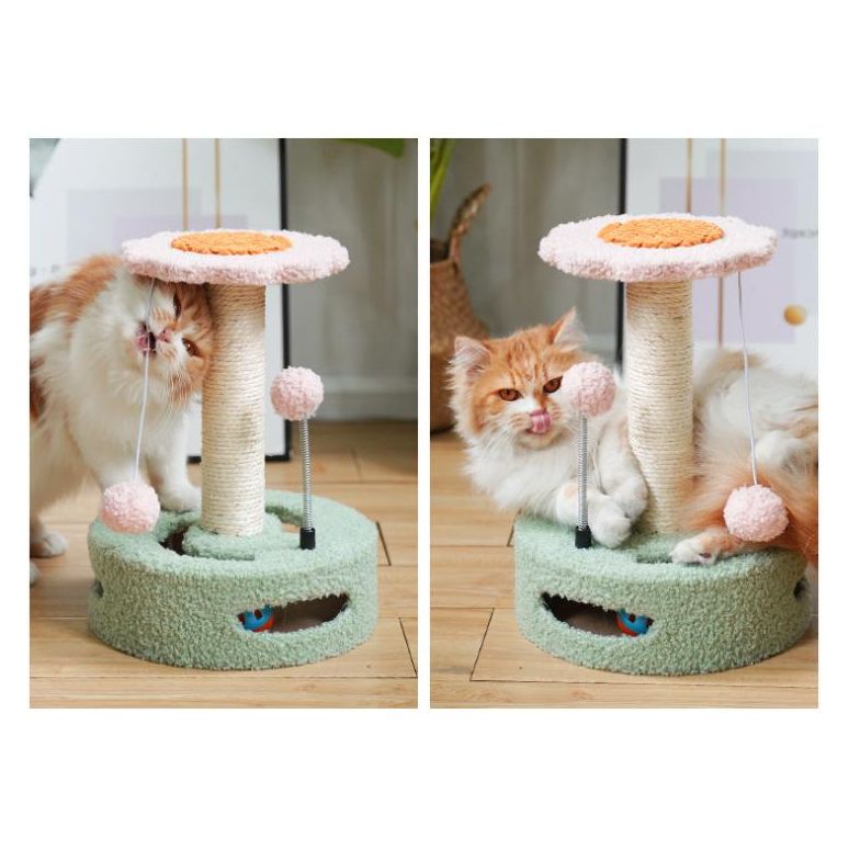 Pink - blue Interactive Cat Scratching Post with Playful Ball Toys, Flower Design - 35cm Height, 26cm Base - Paws and PatsPet Care > Cat Supplies > Cat Scratching Posts