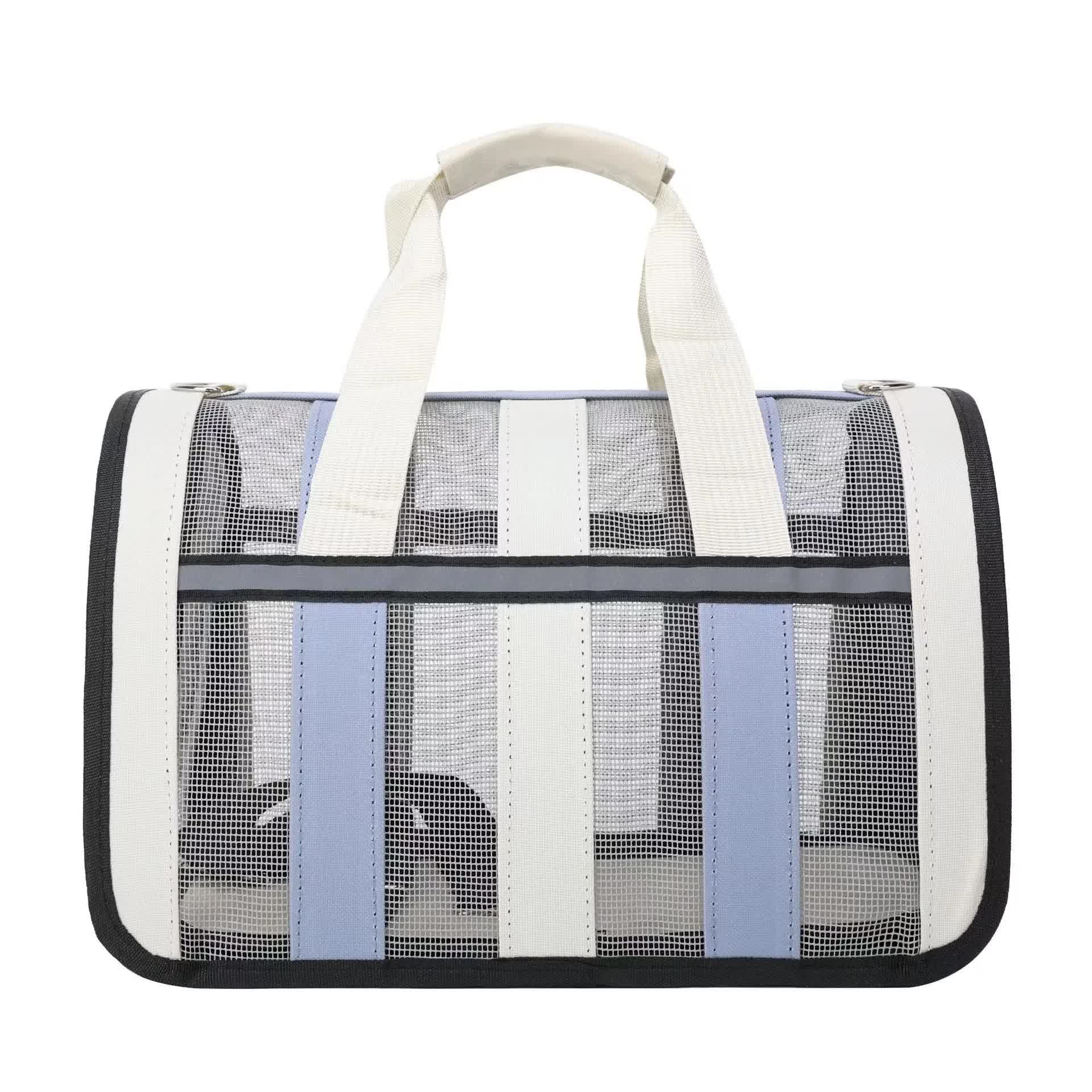 Size M Blue And White Foldable Pet Carrier Bag - Lightweight, Breathable, and Spacious for All Seasons - Paws and PatsPet Care > Cat Supplies > Cat Carriers & Crates