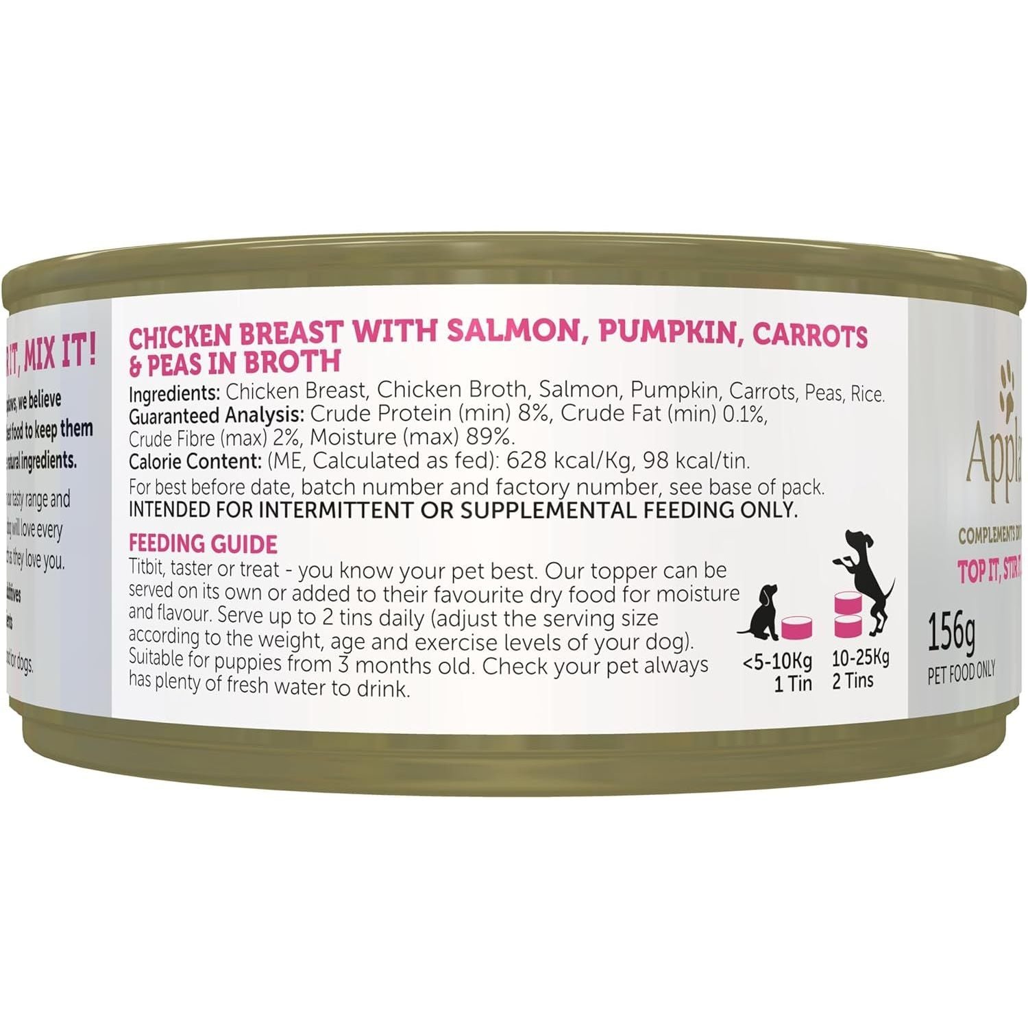 Taste Toppers 100% Natural Wet Dog Food Chicken Breast with Salmon & Vegetables in Broth Tin 156G (Pack of 16), Limited Ingredients Pet Food - Paws and Pats