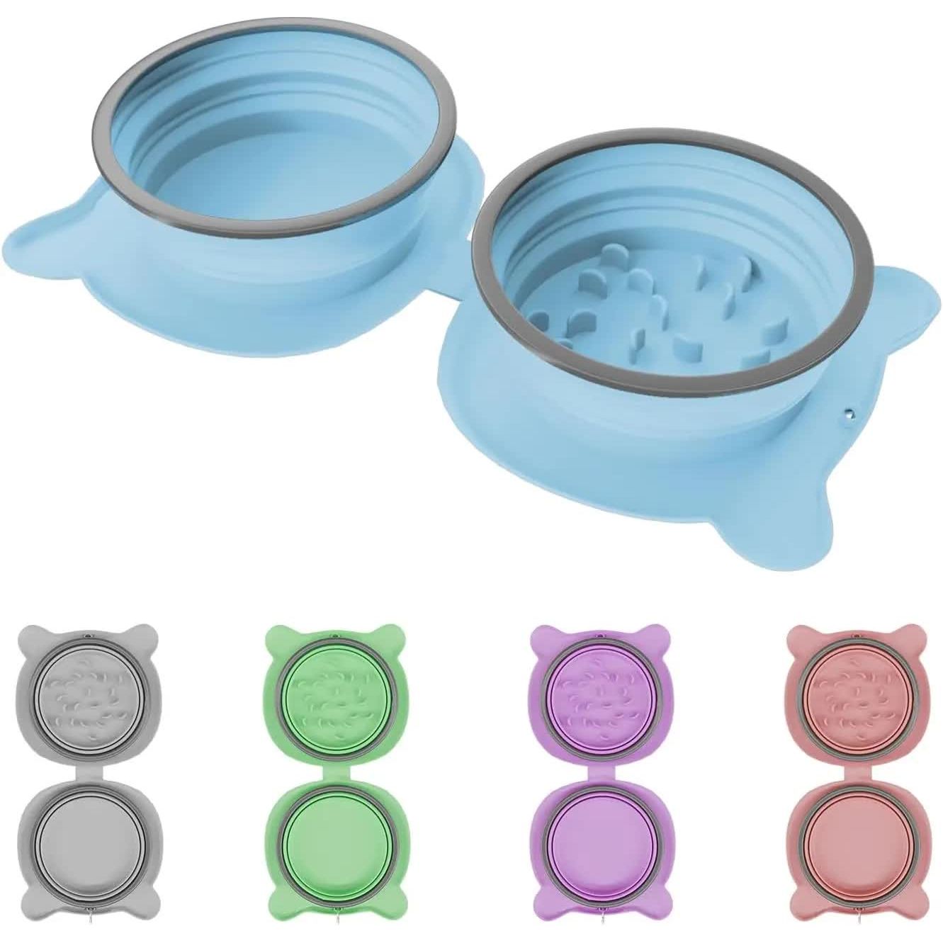 Blue Portable Collapsible Pet Bowl Set - Food-Grade Silicone Double Bowl for Dogs & Cats, Anti-Slip & Easy to Clean
